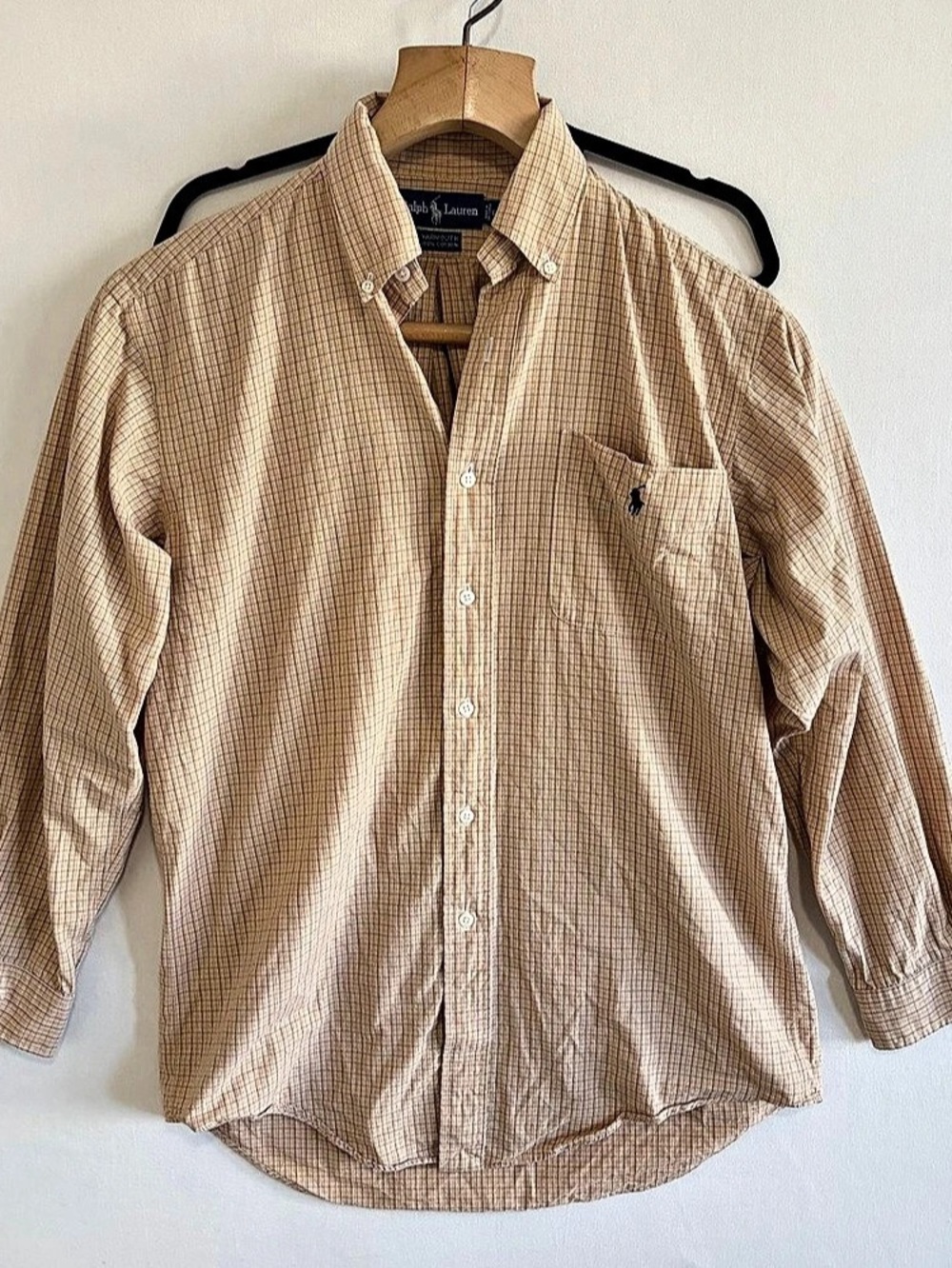 Ralph Lauren Button Down Shirt Mens 15 32/33 Tan Plaid Yarmouth Cotton S M